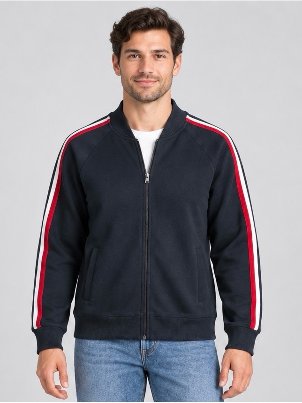 Banana Republic Navy Bomber Jacket with Red & White Sleeve Stripes